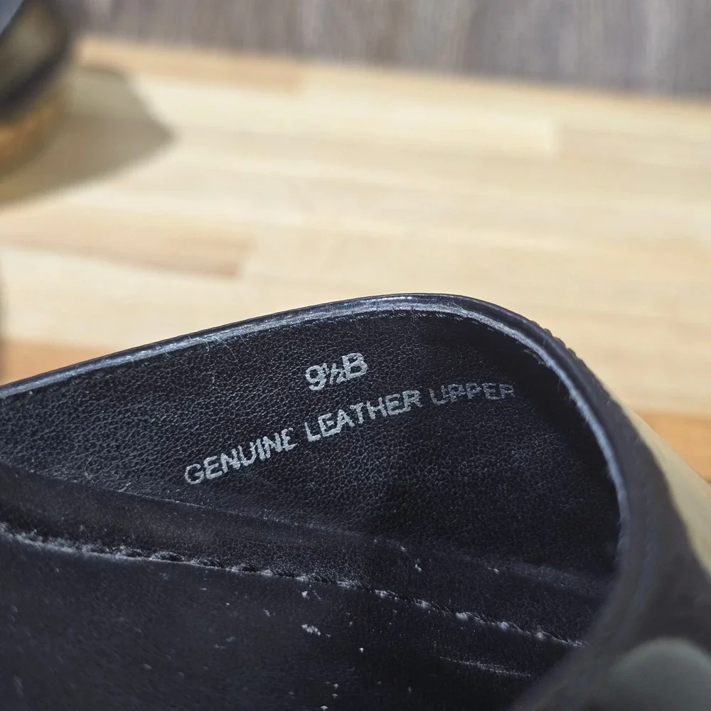 Talbots Black Leather Cork Wedge Sandals Open Toe Slide Shoes Women's 9.5B Black
